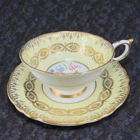 Antique Paragon Cabbage Rose Tea Cup and Saucer Set Heavy Gold Pattern England